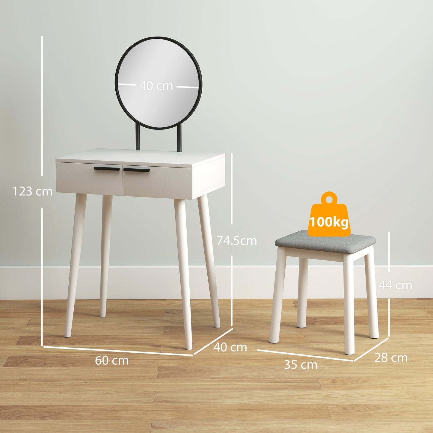 HOMCOM Dressing Table with Mirror and Stool, Vanity Makeup Desk Set with 2 Drawers, Cushioned Stool and Make-up Organiser for Bedroom and Dressing Room, 60 x 40 x 123 cm, White