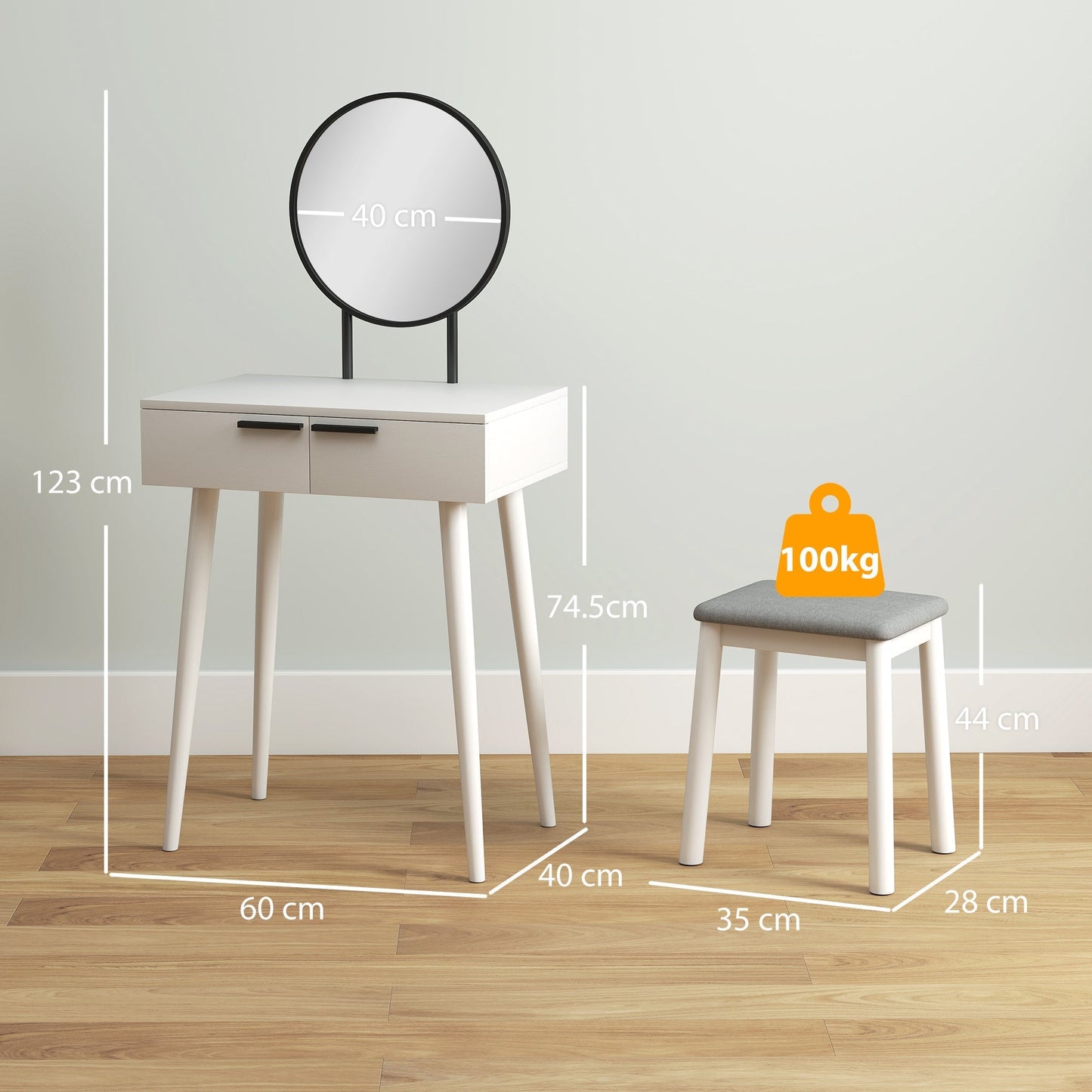 HOMCOM Dressing Table with Mirror and Stool, Vanity Makeup Desk Set with 2 Drawers, Cushioned Stool and Make-up Organiser for Bedroom and Dressing Room, 60 x 40 x 123 cm, White
