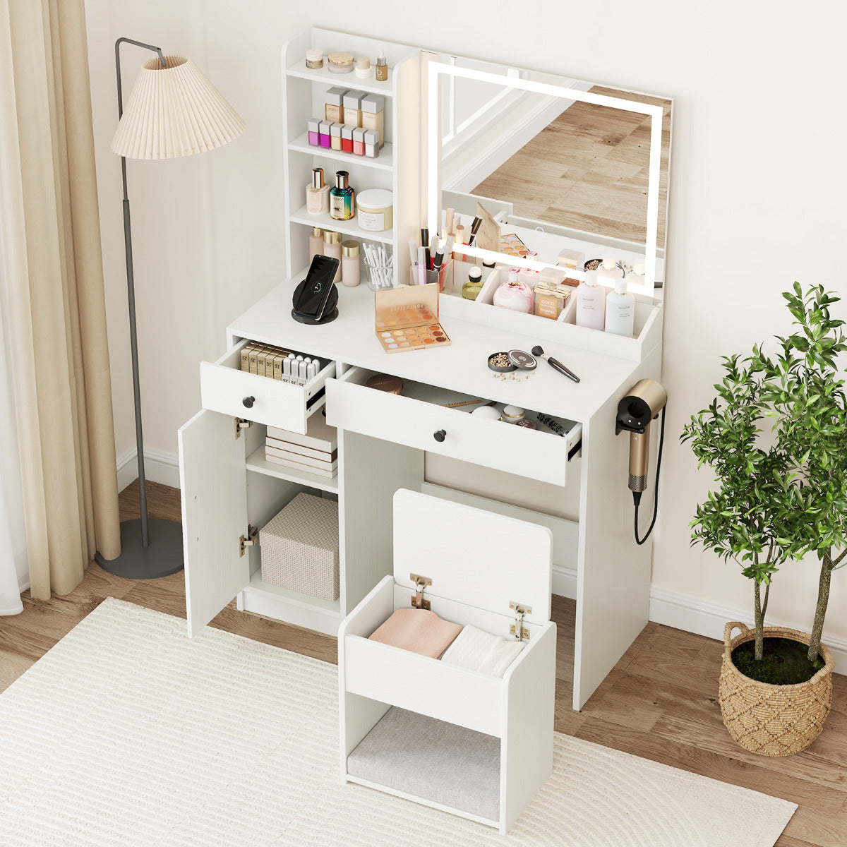 Vanity Desk with LED Lighted Mirror and Storage Stool-White