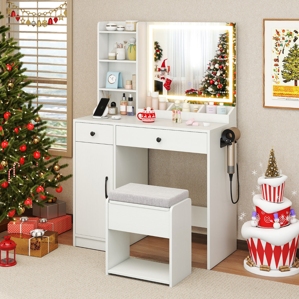Vanity Desk with LED Lighted Mirror and Storage Stool-White