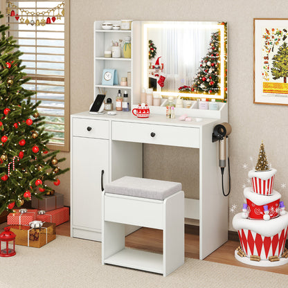 Vanity Desk with LED Lighted Mirror and Storage Stool-White