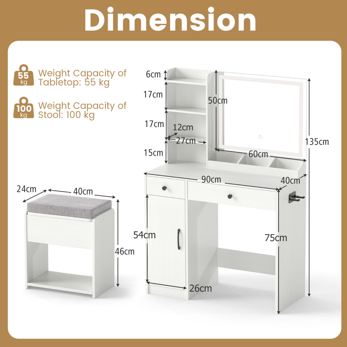 Vanity Desk with LED Lighted Mirror and Storage Stool-White