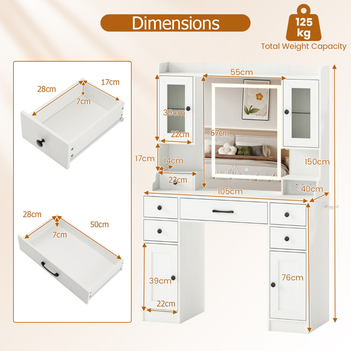 Vanity Desk with Mirror and Lights for Bedroom-White