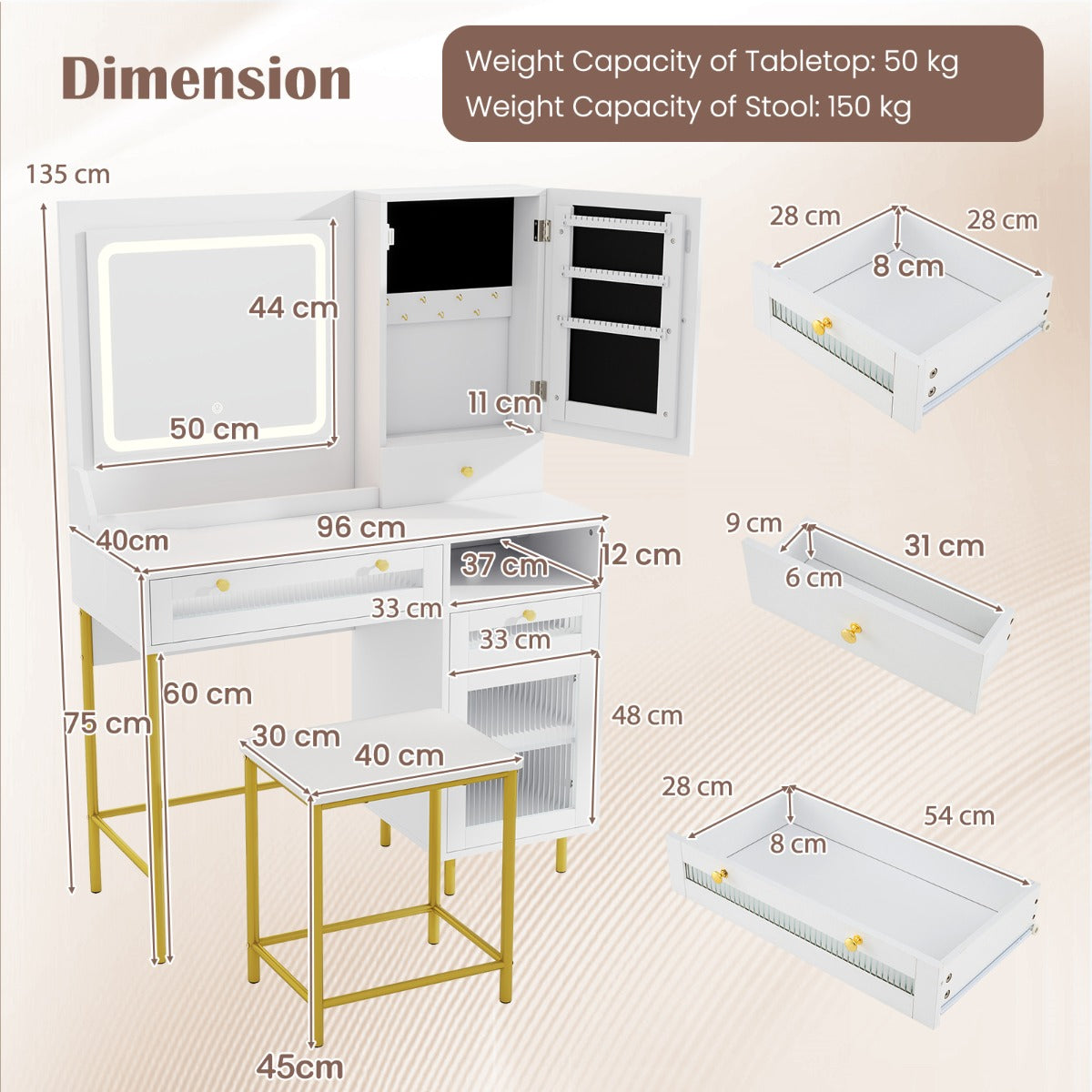 Vanity Set with 2 Fluted Glass Drawers and 1 Ordinary Drawer-White