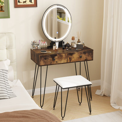 Vanity Set with LED Lighted Mirror and Soft Cushioned Stool  for Bedroom-Rustic Brown