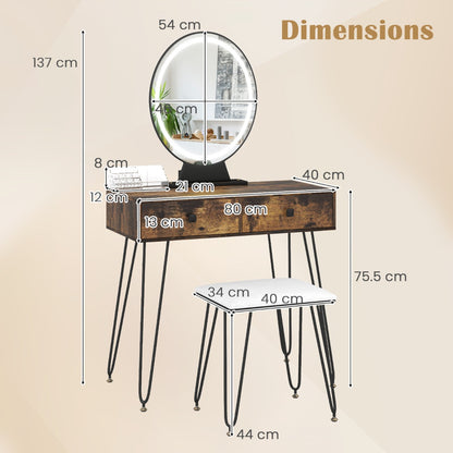Vanity Set with LED Lighted Mirror and Soft Cushioned Stool  for Bedroom-Rustic Brown