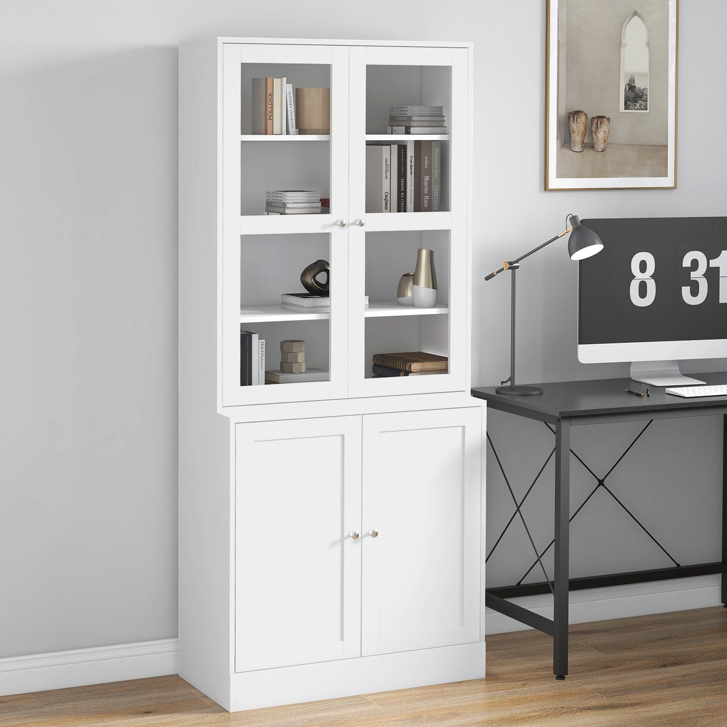 HOMCOM Modern Bookcase with Glass Doors, Display Storage Cabinet with Adjustable Shelves for Living Room, Study, Home Office, Kitchen Cupboard with Small Open Counter, White