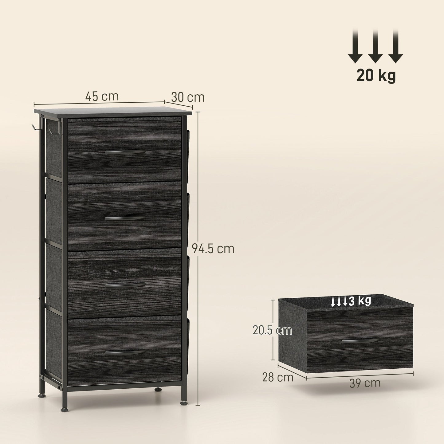HOMCOM Chest of Four Fabric Drawers - Black