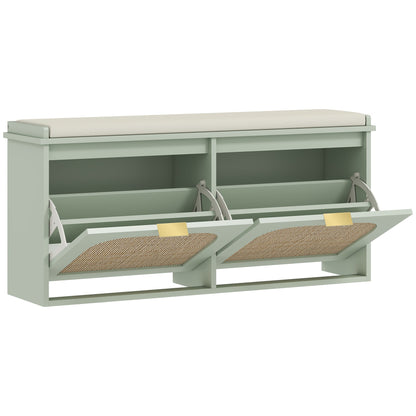 HOMCOM Boho Shoe Bench with Padded Seat and 2 Flip-Drawers - Light Green