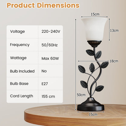 Vintage Nightstand Lamp with Tulip Glass Lampshade and Metal Leaves-Black