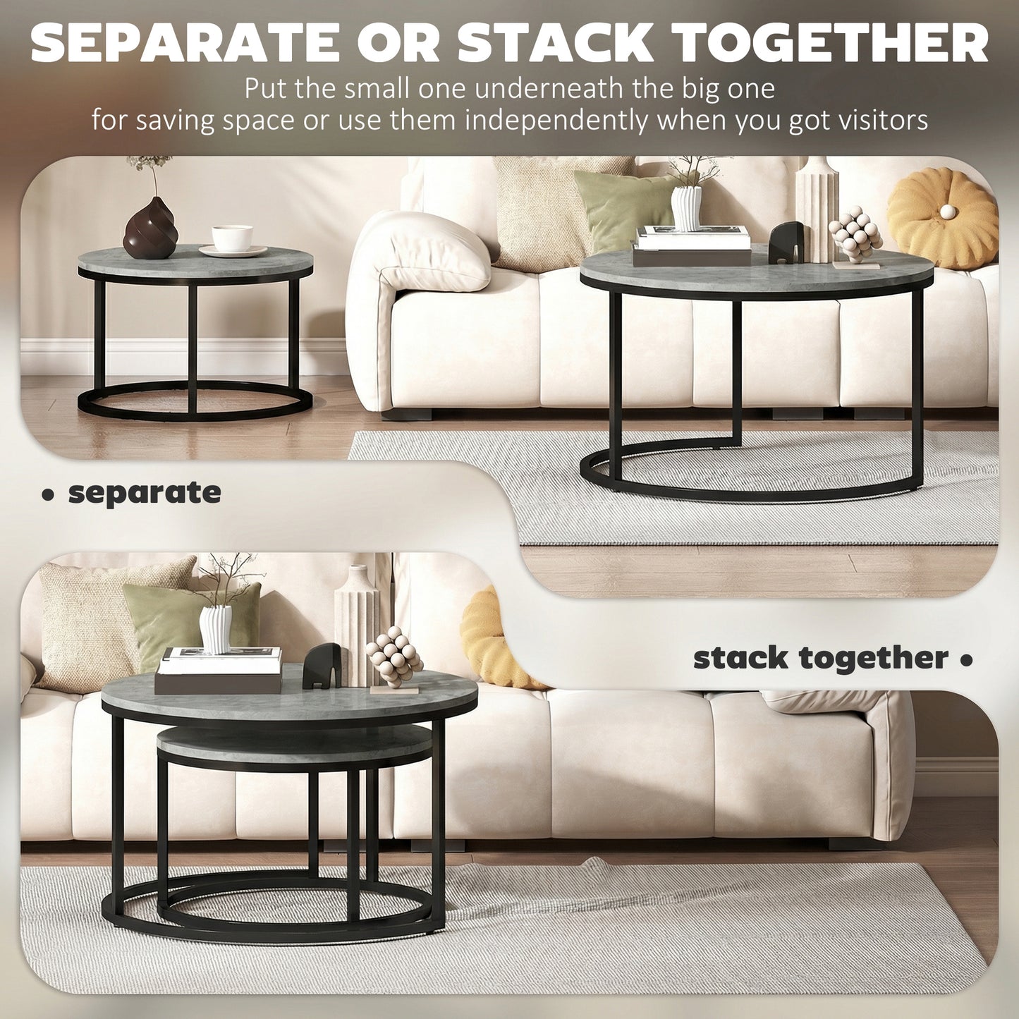 HOMCOM Set of Two Cement-Effect Stacking Tables - Grey
