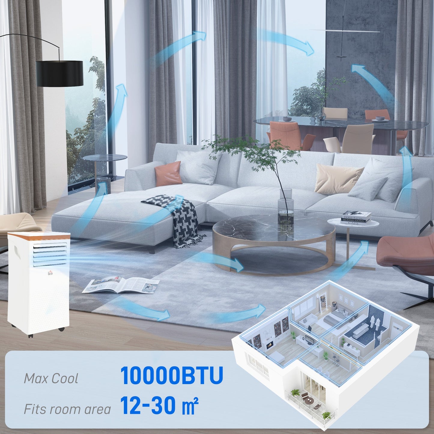HOMCOM Portable Air Conditioner 10000 BTU, 4-in-1 Mobile Air Conditioning Unit with Cooling, Fan, Dehumidifier & Sleep Mode, LED Display, Remote Control, 24H Timer, Window Kit for Rooms up to 30_