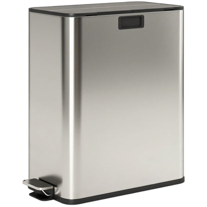 HOMCOM Dual Kitchen Bin with Soft-Close Butterfly Lid, 2 x 28L Stainless Steel Pedal Bin with Removable Inner Buckets, Fingerprint-Proof for Recycling and Waste, Silver Tone