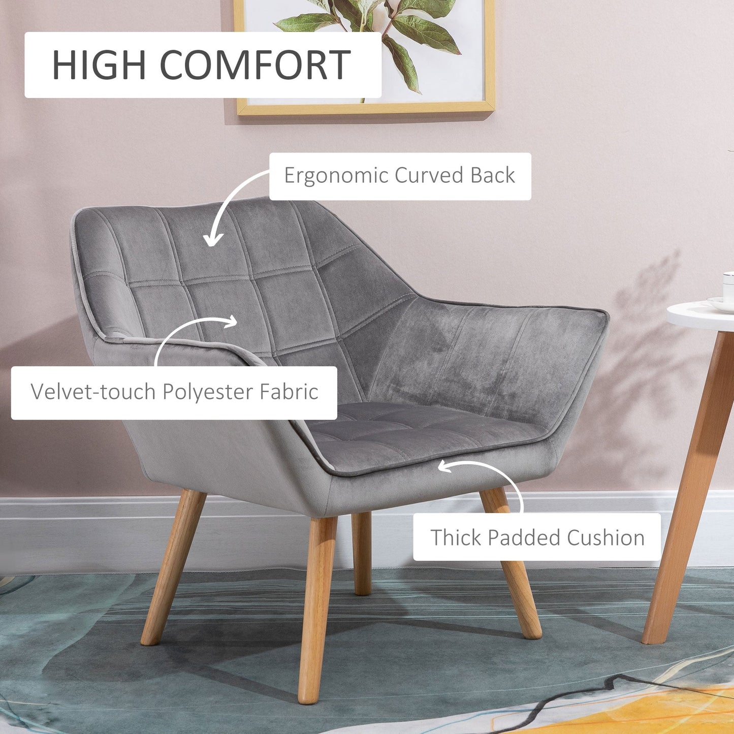 HOMCOM Armchair Accent Chair, Vanity Chair with Wide Arms, Slanted Back, Padding, Metal Frame, Wooden Legs, Home Bedroom Furniture Seating, Grey