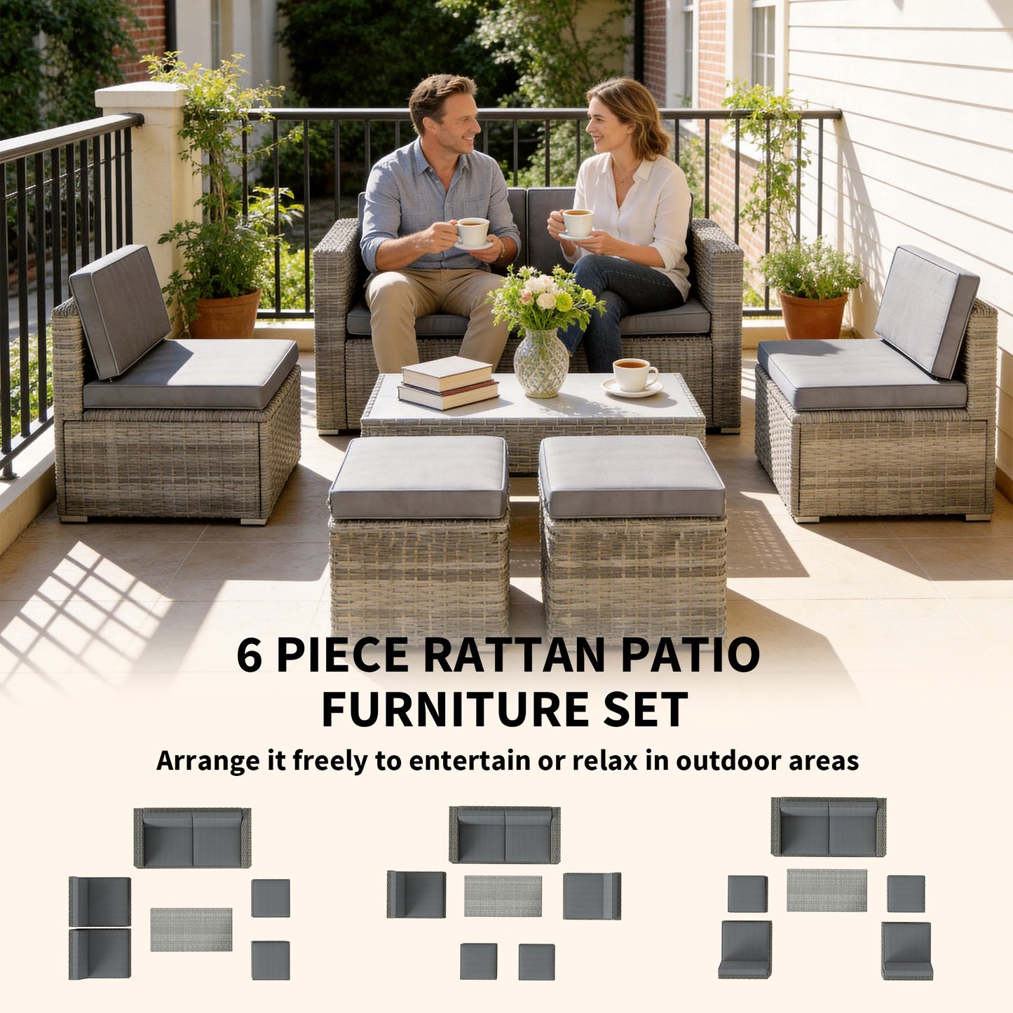 Outsunny 6 Piece Rattan Garden Furniture Set, Nesting Patio Conversation Set with Loveseat, Chairs, Table, Footstools, Dark Grey