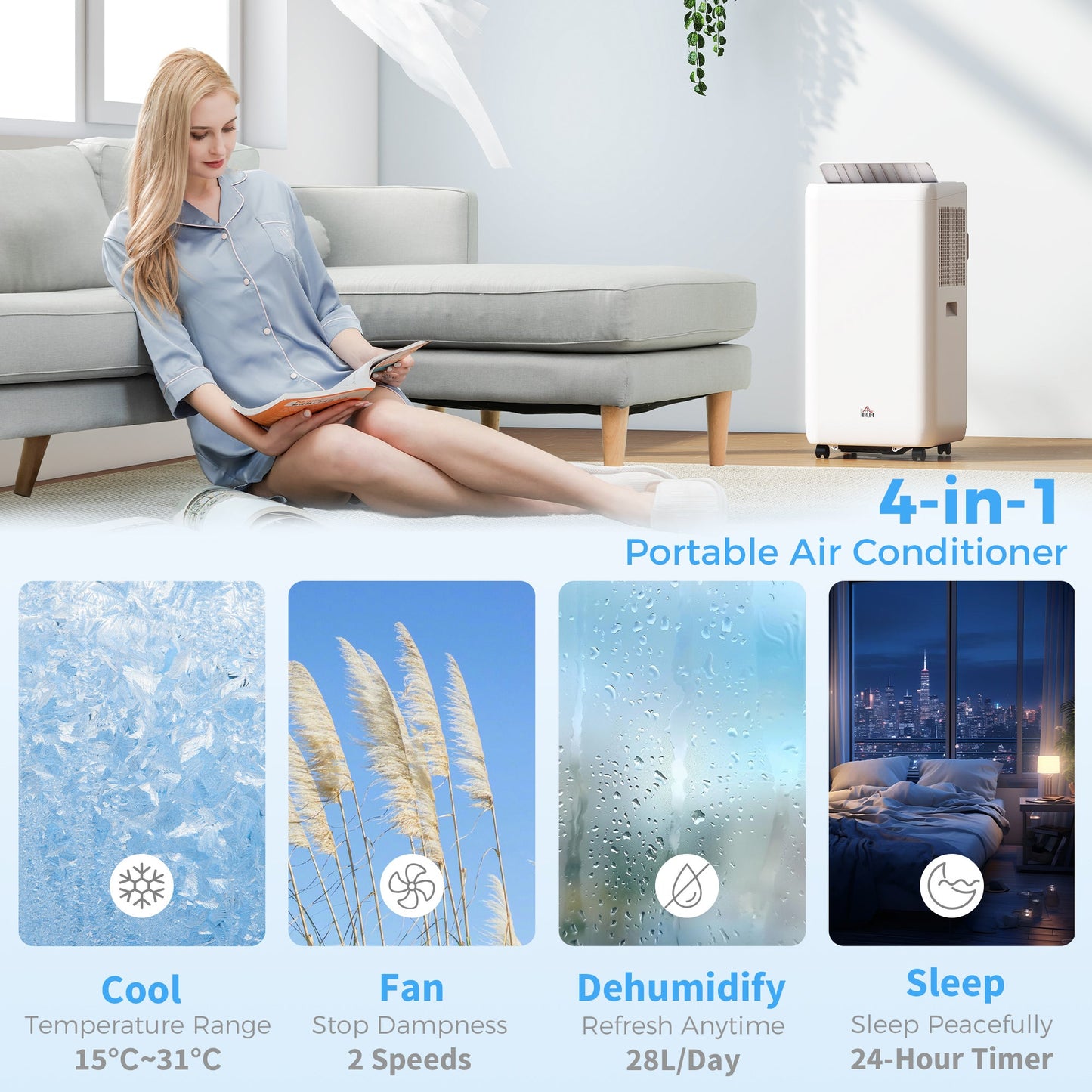 HOMCOM 12,000 BTU 5-in-1 Mobile Air Conditioner, 35mÂ² Radius - White