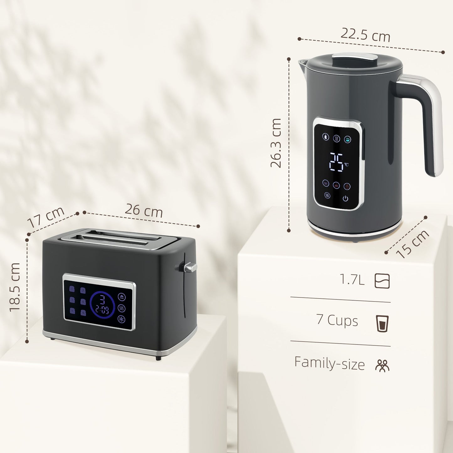 HOMCOM Touch Screen Kettle and Toaster Set - Grey