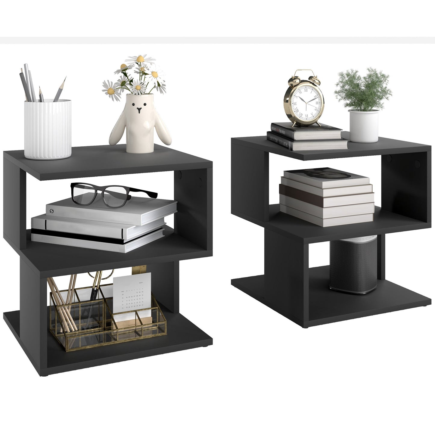 HOMCOM Set of 2 Side Table Square Coffee Table, Modern End Table with 2 Tier Storage Shelves for Living Room, Bedroom, Black