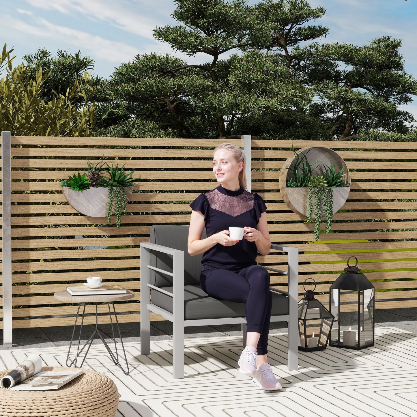 Outsunny Garden Sofa Set of 2, All-Weather Garden Sofa Set with Removable Cushions, Metal Frame Outdoor Furniture for Balcony, Charcoal Grey
