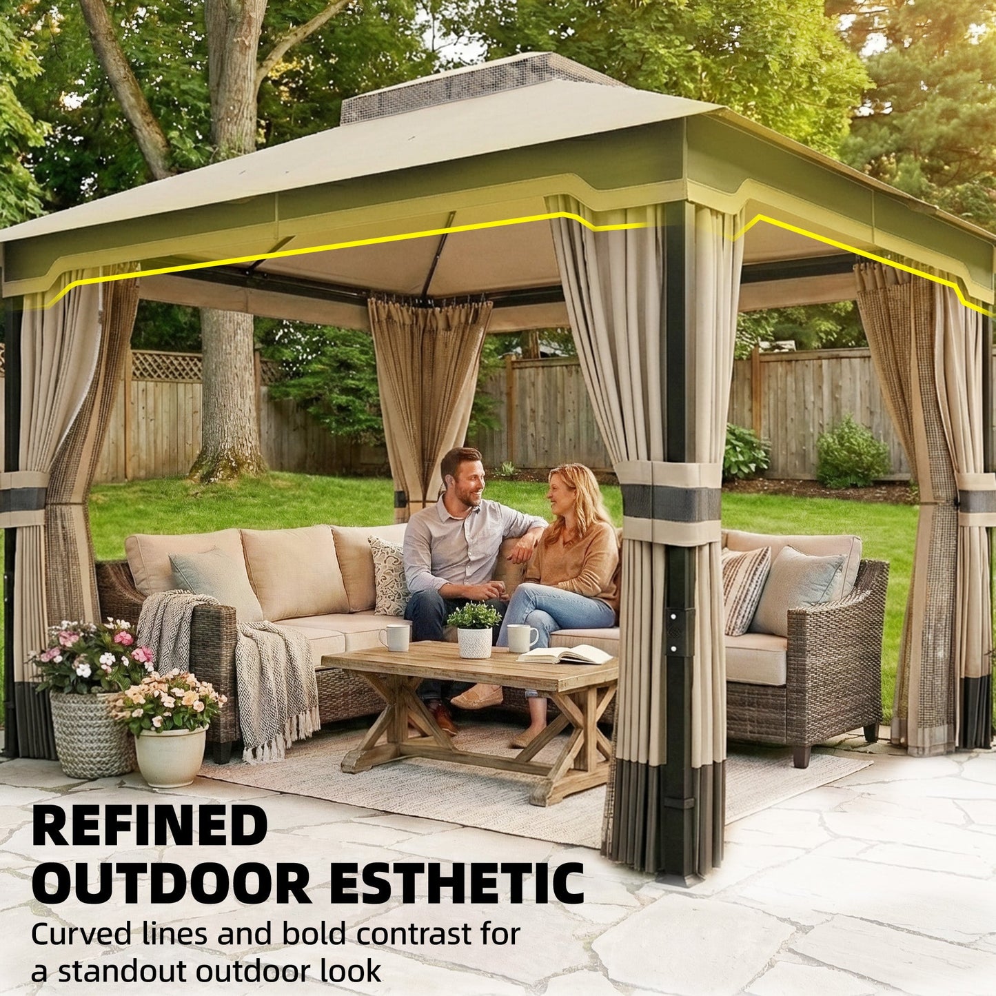 Outsunny 3 x 3.6 m Outdoor Garden Gazebo with Netting and Curtains, DoubleÂ Roof Patio Gazebo Permanent Pavilion, Khaki