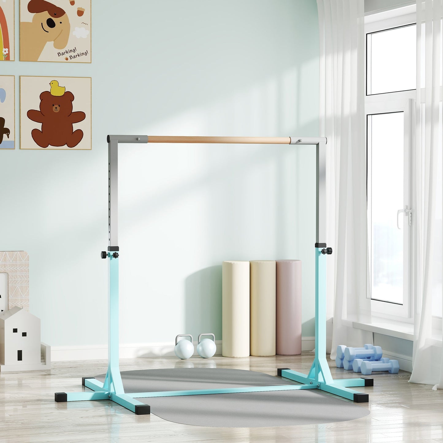 HOMCOM Height Adjustable Gymnastics Horizontal Bar for Kids, Children Junior Kip High Bar Fitness, Light Blue