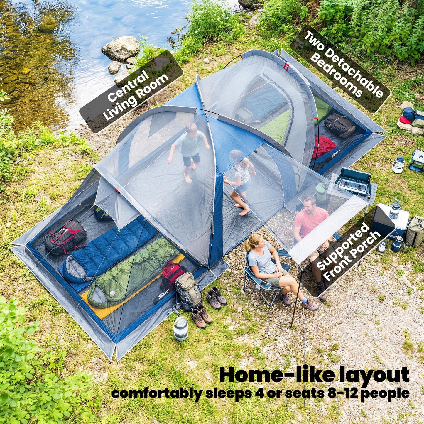 Outsunny Family Camping Tent 3000mm Waterproof Windproof Tunnel Tent 8-12 Person, Navy Blue & Light Grey