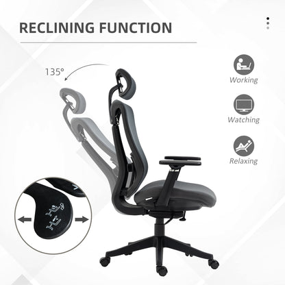 Vinsetto Mesh Office Chair, Ergonomic Desk Chair, Computer Chair with Adjustable Headrest and Lumbar Support, 135Â° Reclining Back and 3D Armrest for Home Office Study, Grey