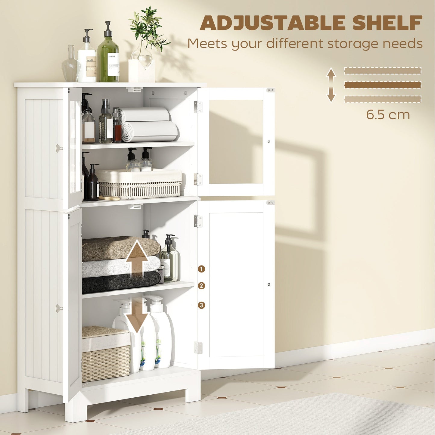 kleankin Bathroom Floor Cabinet, Freestanding Kitchen Cupboard with 2 Drawers, Adjustable Shelves and Tempered Glass Door, Wooden Storage Unit for Living Room Kitchen Hallway