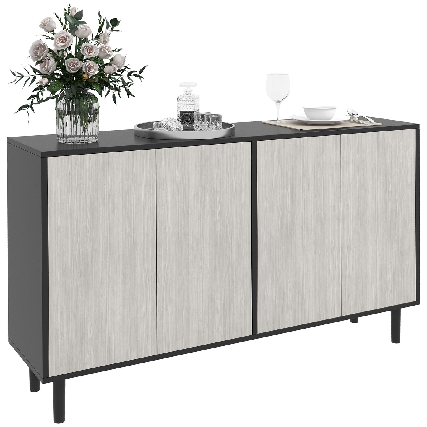 HOMCOM Kitchen Sideboard Storage Cabinet for Living Room with Adjustable Shelves 4 Doors and Pine Wood Legs Black