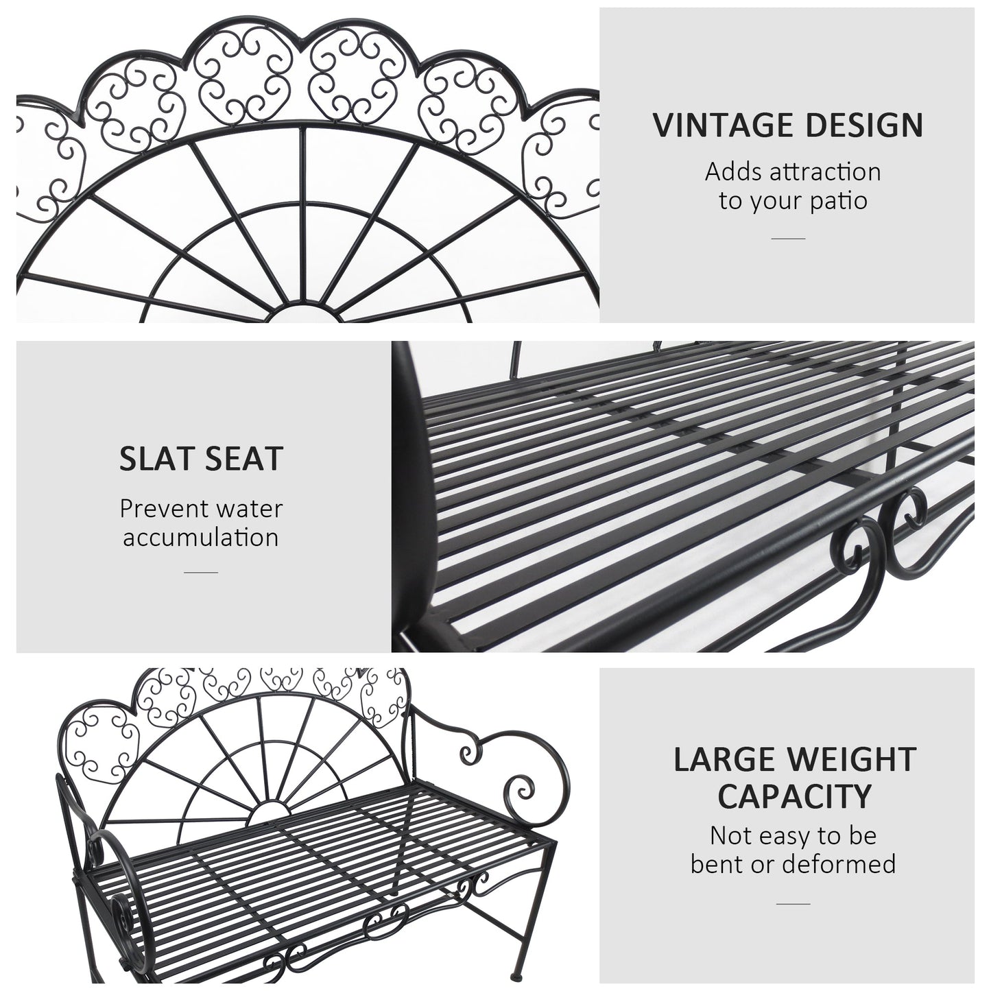Outsunny Metal Garden Bench Loveseat with Slatted Seat, Black