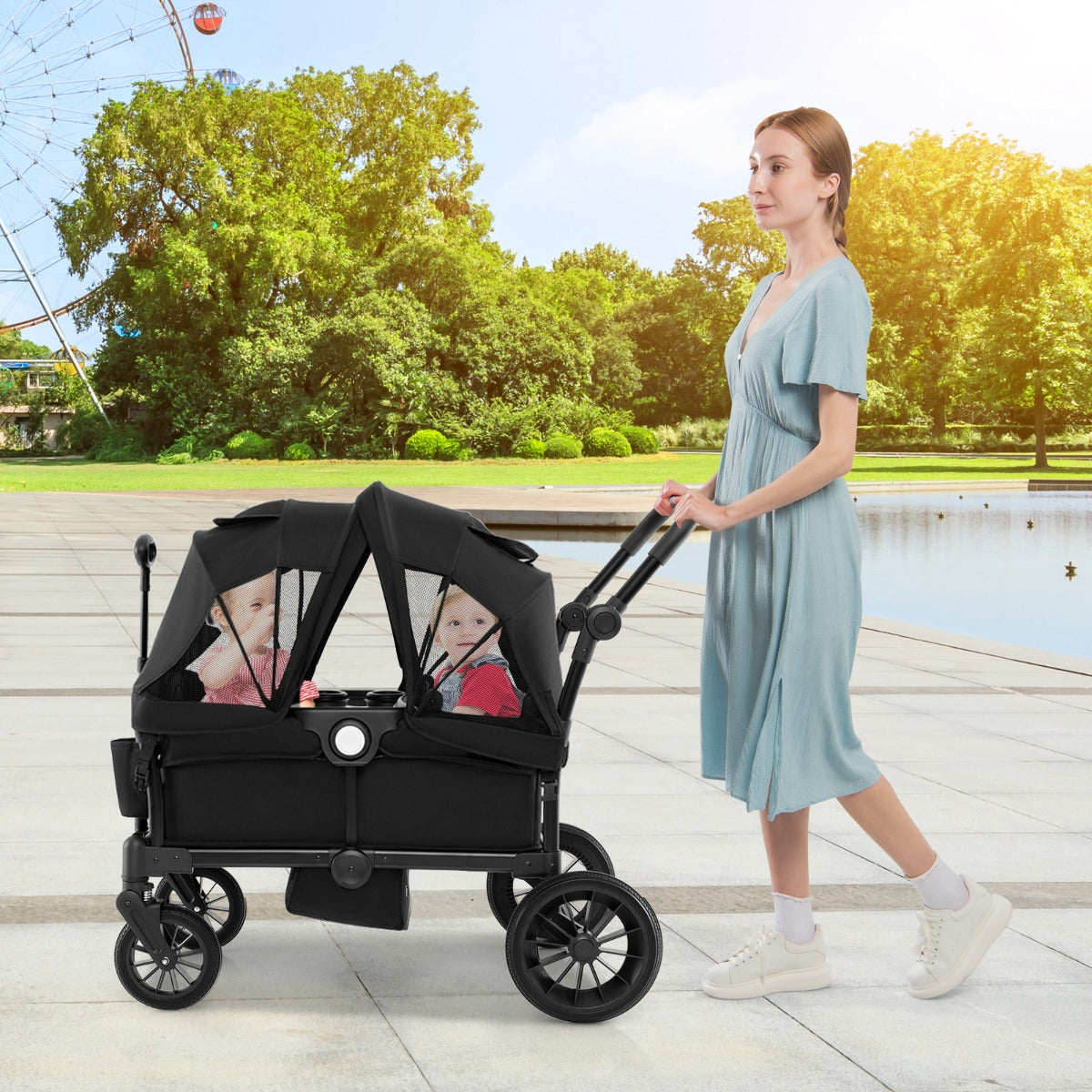 Wagon Stroller for 2 Kids with Adjustable Handle and Removable Canopy-Black