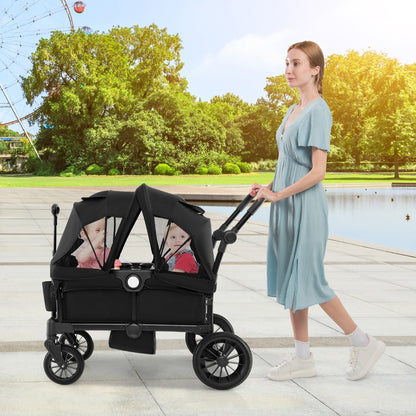 Wagon Stroller for 2 Kids with Adjustable Handle and Removable Canopy-Black