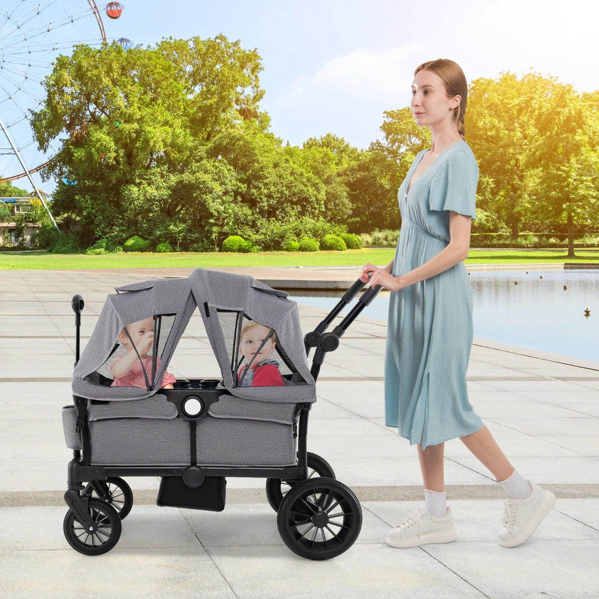 Wagon Stroller for 2 Kids with Adjustable Handle and Removable Canopy-Grey