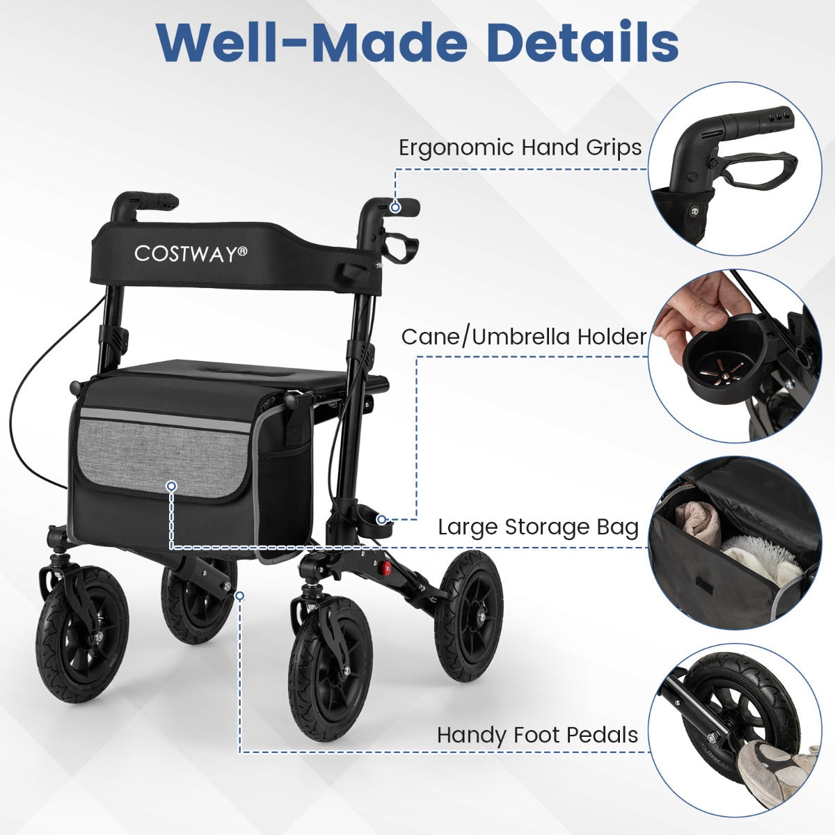 Walker for Seniors with Seat Folding Rollator Walker with Pneumatic Tires-Black