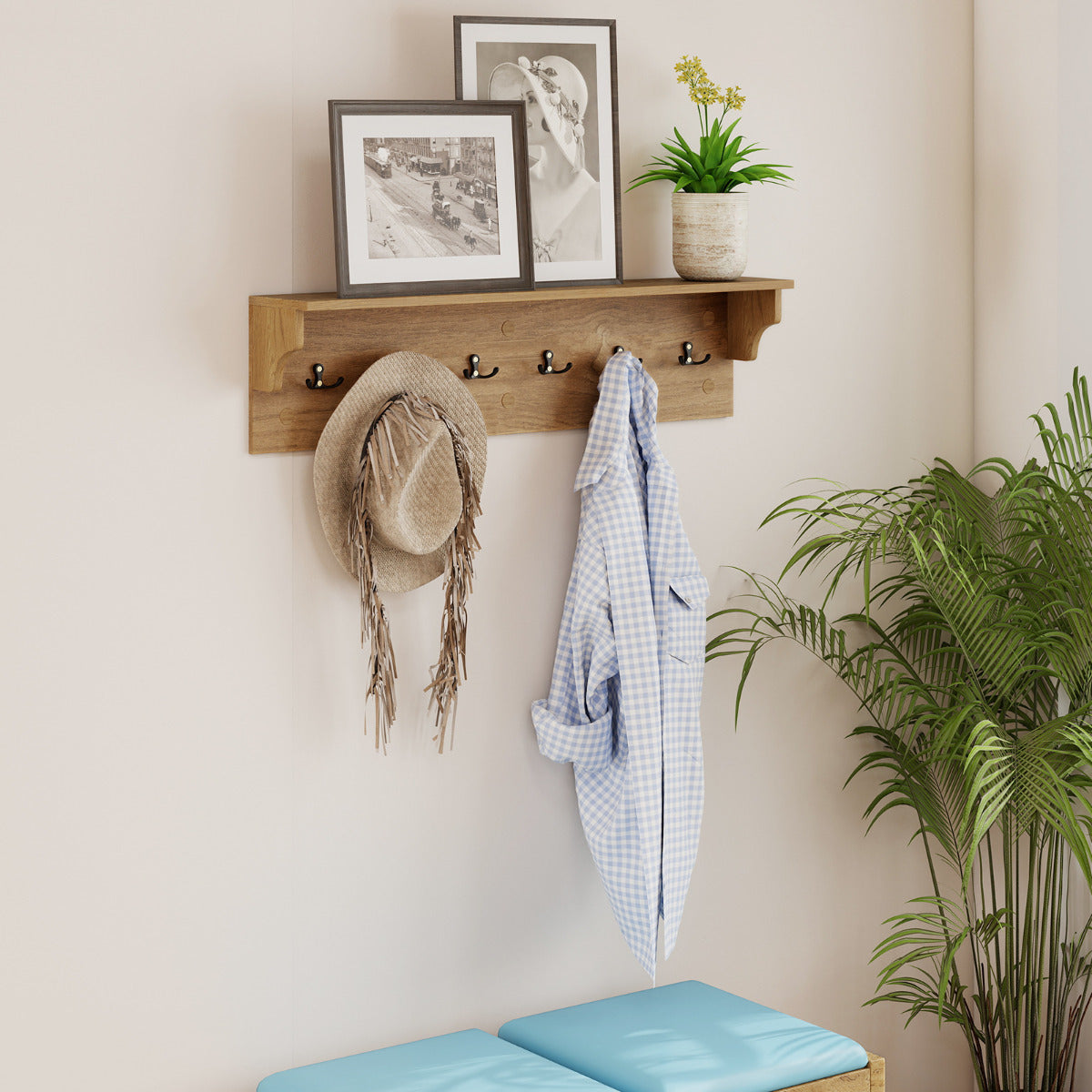 80 CM Wall Hooks with Shelf Wooden Coat Rack-Natural & White