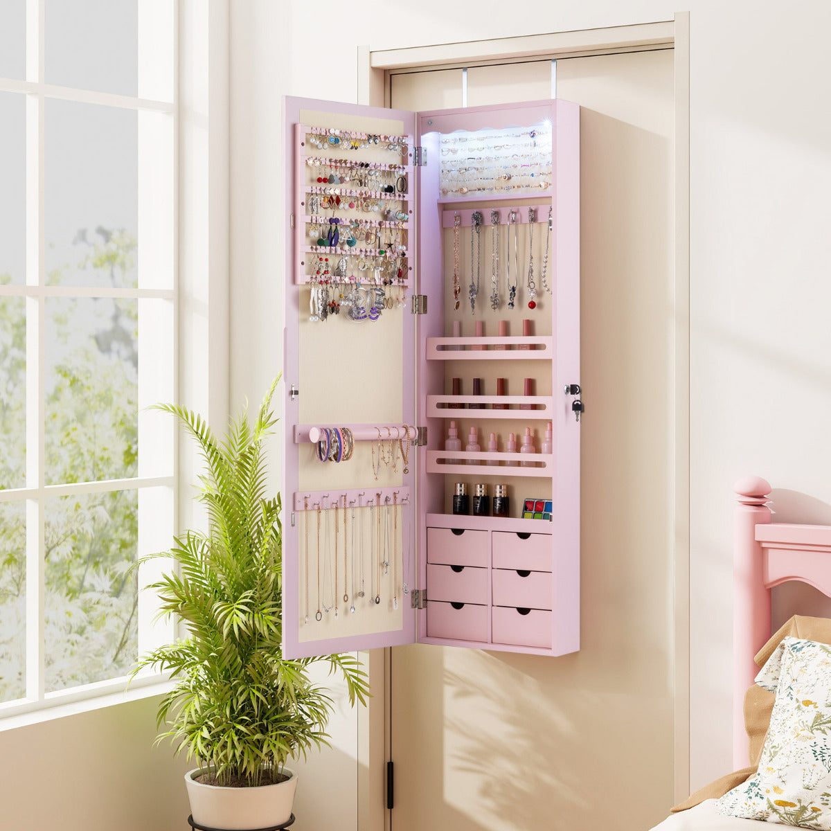 Wall Mounted Jewellery Armoire with LED Light-Pink