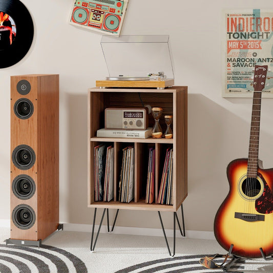 3-Tier Record Player Stand with Charging Station Shelf and 4 Dividers-Walnut