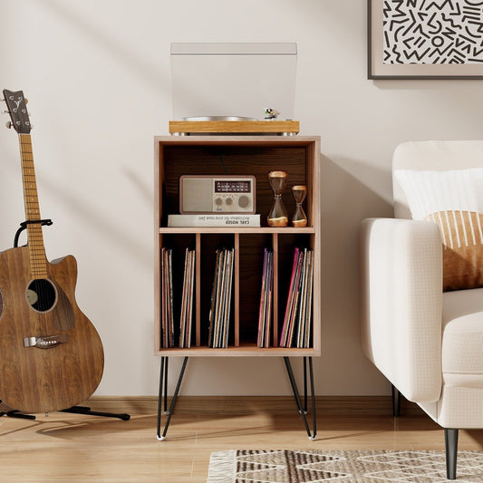 3-Tier Record Player Stand with Charging Station Shelf and 4 Dividers-Walnut
