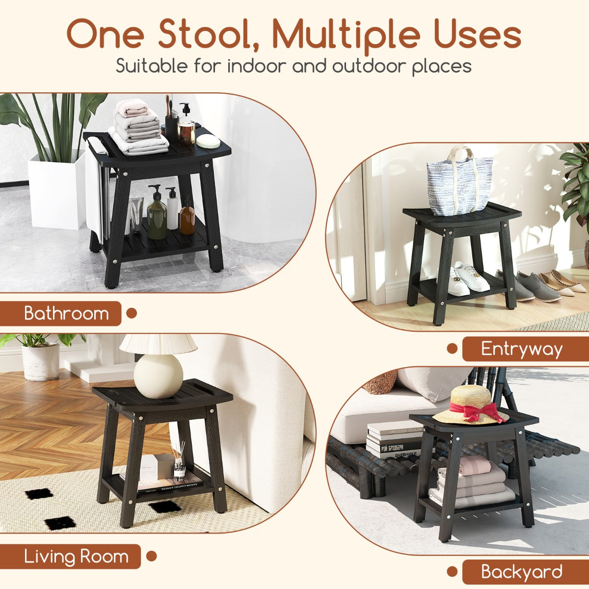 Waterproof Shower Bench Seat HIPS Shower Stool with Handle-Black