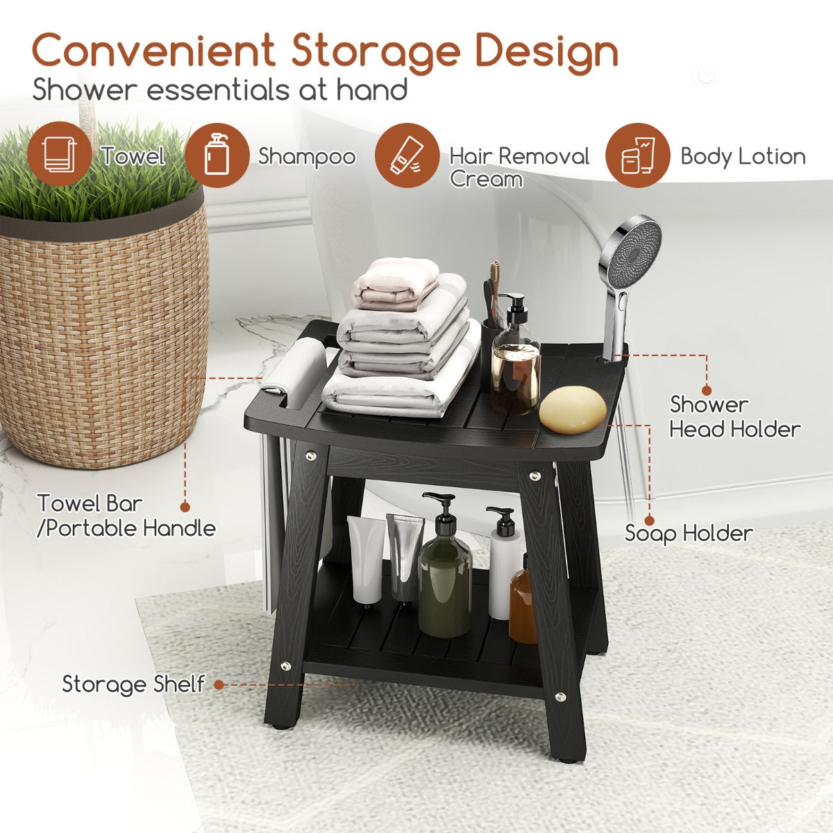 Waterproof Shower Bench Seat HIPS Shower Stool with Handle-Black