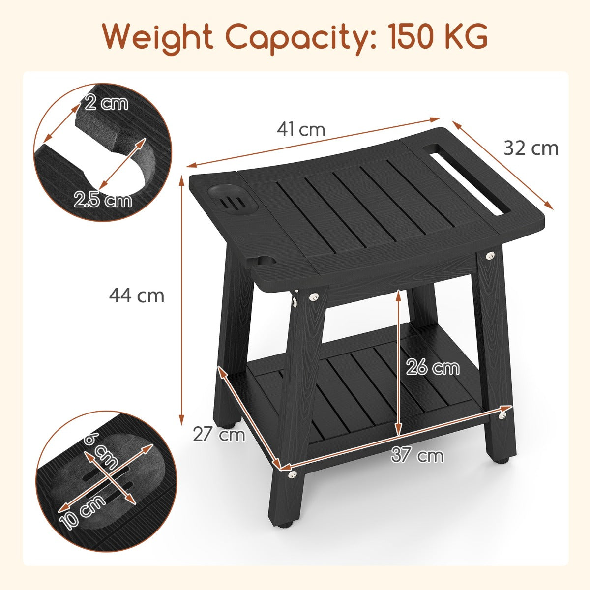 Waterproof Shower Bench Seat HIPS Shower Stool with Handle-Black