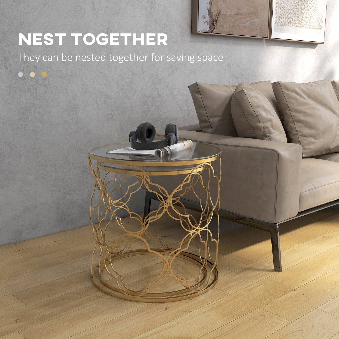 HOMCOM Nesting Tables Set of 2, Modern Stacking Side End Table with Tempered Glass Top, Metal Frame for Living Room Bedroom Office, Gold Tone