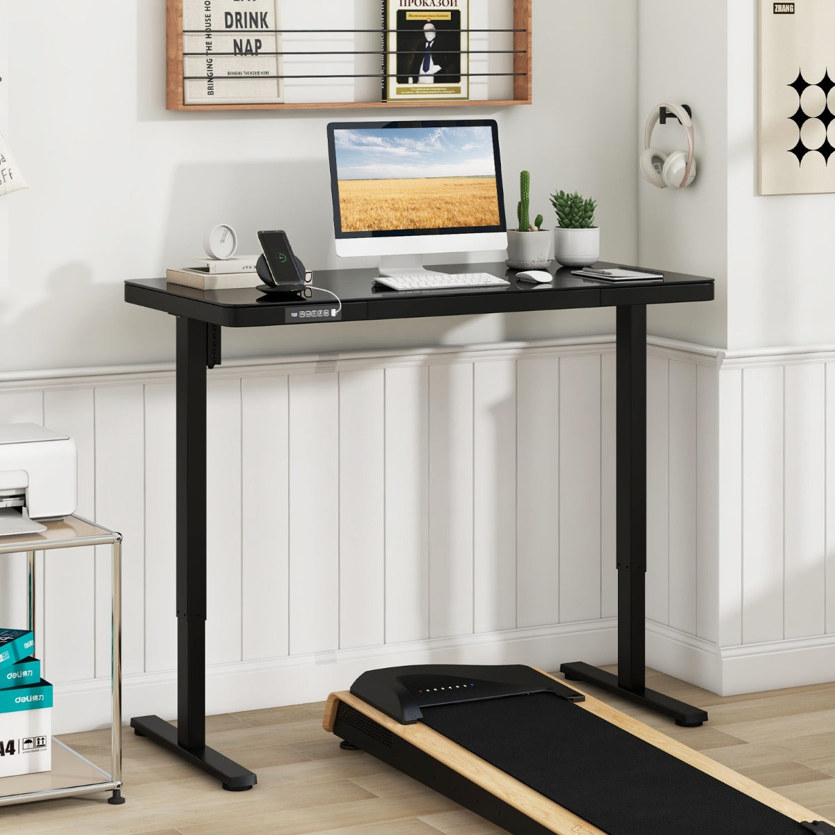120 x 60 CM Whole-Piece Glass Standing Desk with Drawers, Height Adjustable Desk, Electric Stand up Desk with Writable Tempered Glass Top, USB Type-C Outlets, Memory Presets, Home Office Sit Stand Desk -Black