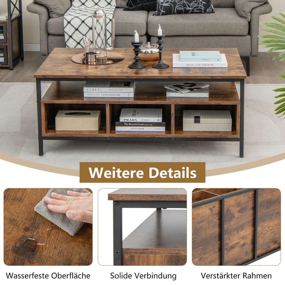 3-Tier Rectangular Coffee Table Industrial Style Cocktail Table with Heavy Duty Metal Frame Rustic Brown Tea Table