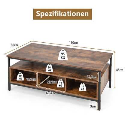 3-Tier Rectangular Coffee Table Industrial Style Cocktail Table with Heavy Duty Metal Frame Rustic Brown Tea Table