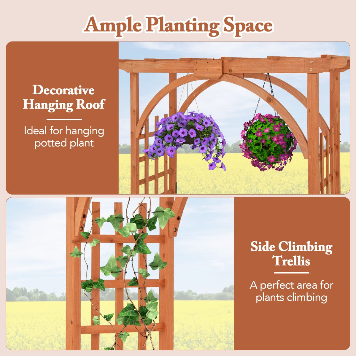 Wood Arbor Arch with Support Rack for Garden Plants and Flowers Decoration
