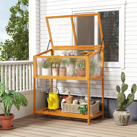 Wood Cold Frame Greenhouse with Slatted Storage Shelf-Orange