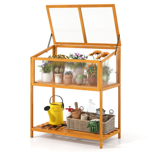 Wood Cold Frame Greenhouse with Slatted Storage Shelf-Orange