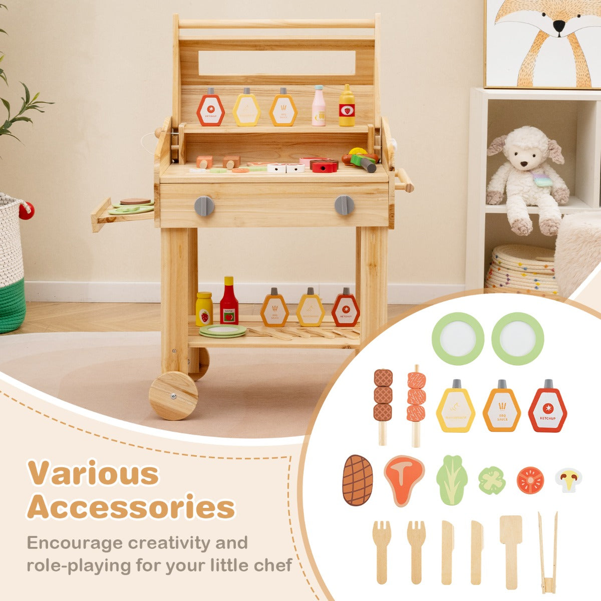 Wooden Barbecue Grill Toy Set with Play Food and Grilling Tools for kids-Natural