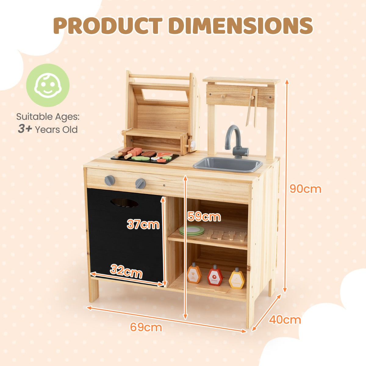 Wooden Barbecue Grill Toy Set with Chalkboard and Play Food for Kids-Natural